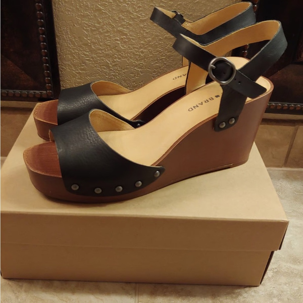 Black Leather Ankle-Strap Wedge Sandals